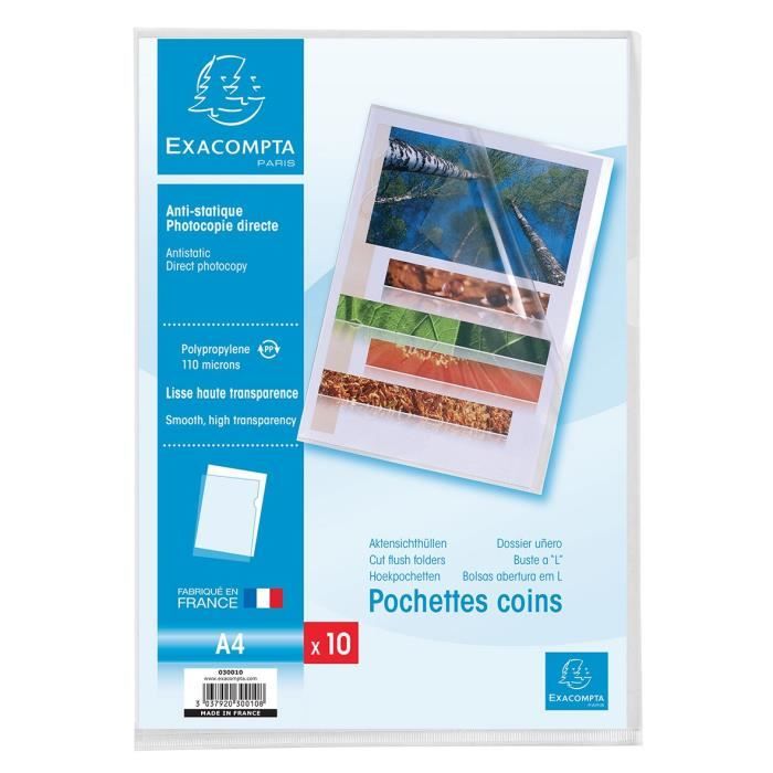 EXACOMPTA 10 pochettes Coins - 210 x 297 mm - Polypropylène lisse incolore 110µ avec encart