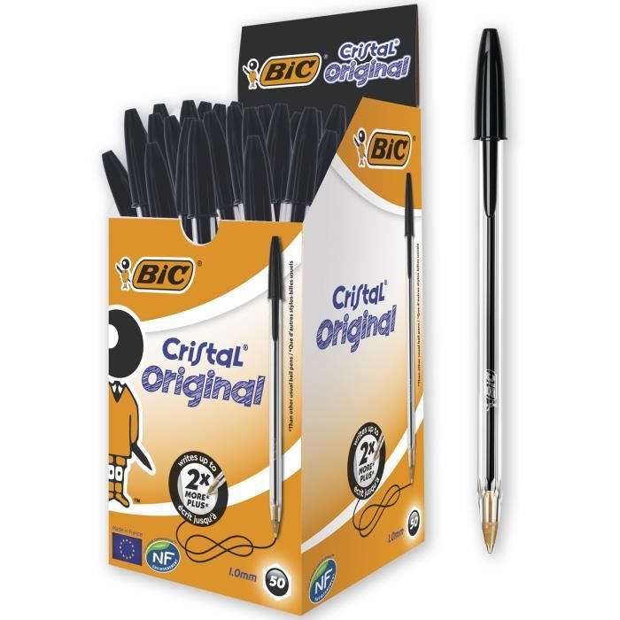 BIC Cristal Original Stylos-Bille Pointe Moyenne (1,0 mm) - Noir, Boîte de 50