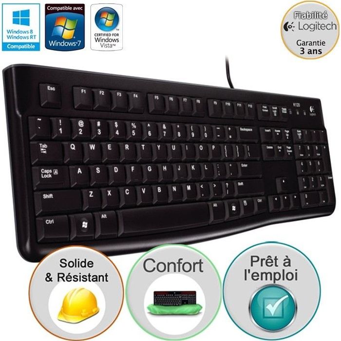 Clavier Logitech ergonomique filaire Logitech K120 PC Noir