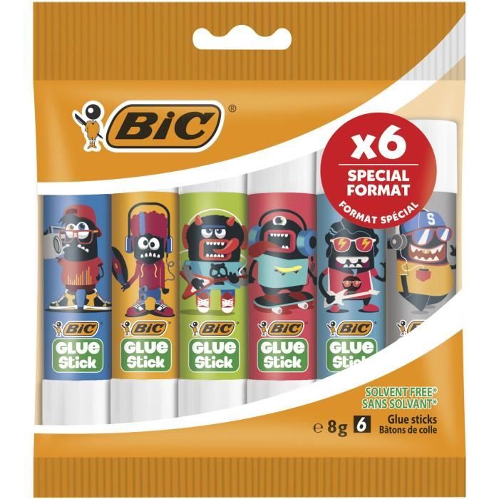 BIC ECOlutions Bâtons de Colle Blanche 8g, Décors Assortis, Pochette Format Spécial de 6