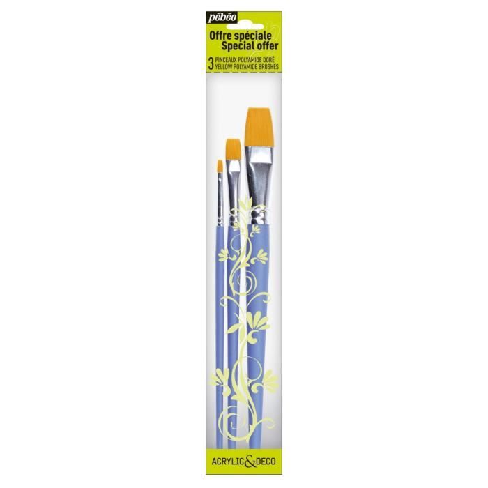 PEBEO 3 Pinceaux Plats avec Fibres Polyamide Doré