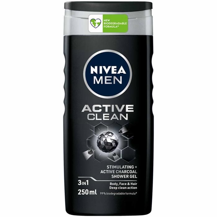 Gel douche - NIVEA MEN - Active Clean - 3en1 - 250ml - Nettoie sans dessécher