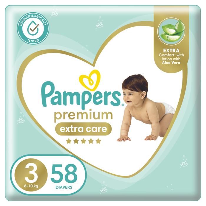 Couches Bébé - PAMPERS - Premium Care - Taille 3 (6-10kg) - 58 unités - Hypoallergénique