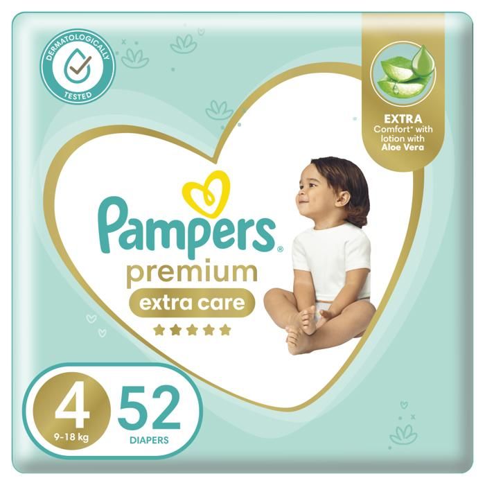 Couches Bébé - PAMPERS - Premium Care - Taille 4 (9-18kg) - 52 unités - Hypoallergéniques
