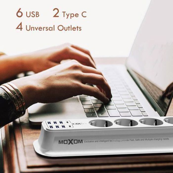 Moxom Rallonge 2 métres // Bloc Multiprise 4 Prises, 6 ports Usb 3.4A 2 port Type C