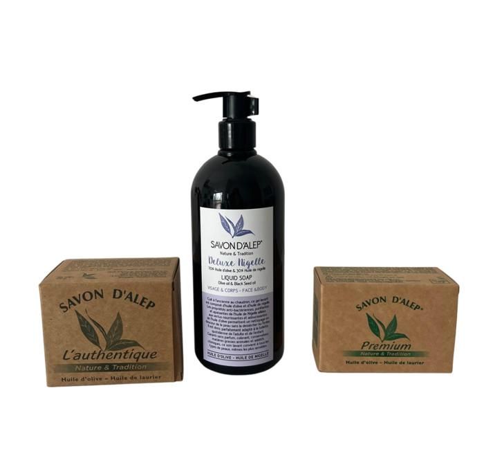 Pack découverte Savons d’Alep L’authentique, Premium et Deluxe liquide Nigelle
