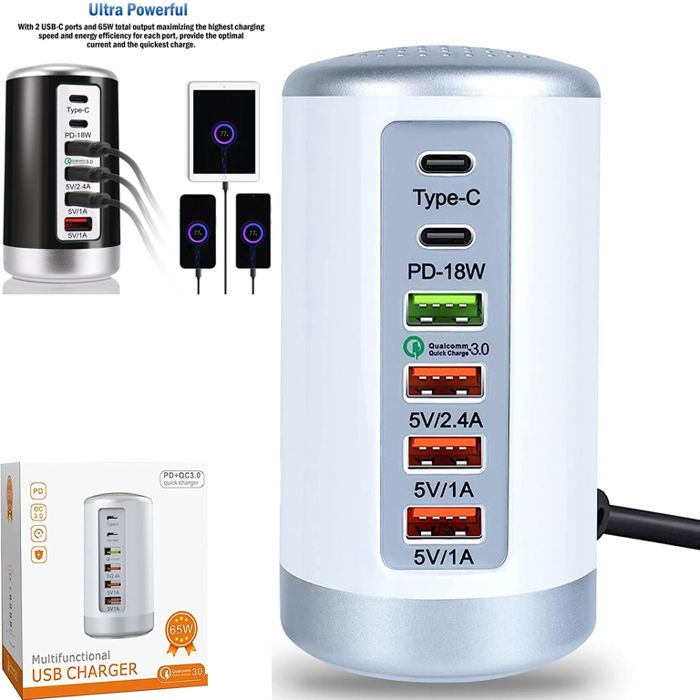 Batterie externe Power bank USB 65W, HUB à 6 ports, QC 3.0 Type C, Station de Charge PD
