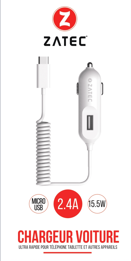 Chargeur Auto - ZATEC - M-C10 - 2,4A - Câble Micro USB Intégré - Véhicules 12V/24V