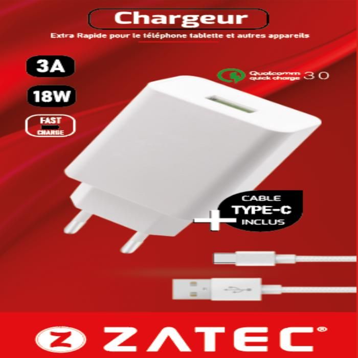 Chargeur Secteur - ZATEC - Z-46 - QC 3.0 - 3A - Câble Type-C inclus