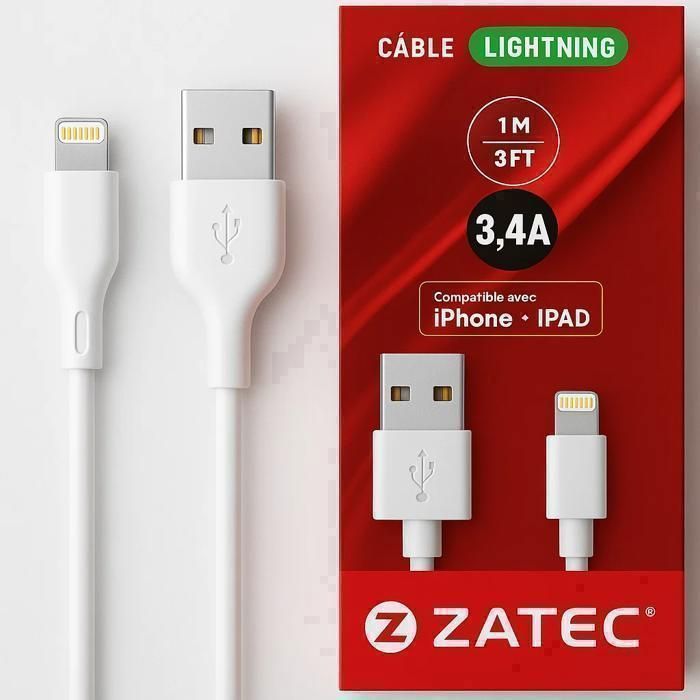 Zatec - Câble Lightning 1 m compatible avec iphone et ipad - 3A
