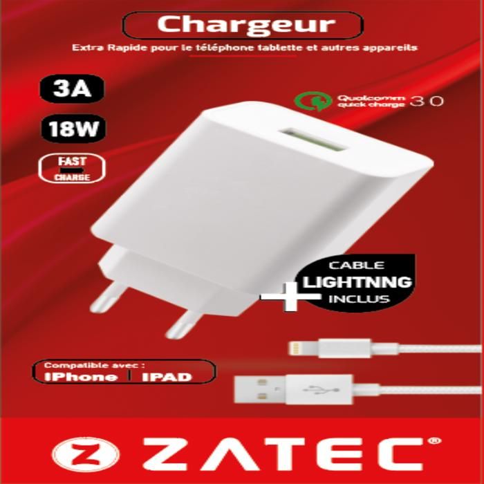 Chargeur Secteur - ZATEC - Z-46 - QC 3.0 - 3A - Câble Lightning inclus