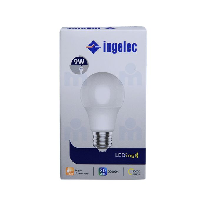 Lampe LED A60 170-240V 9W E27 3000K lumière jaune - INGELEC