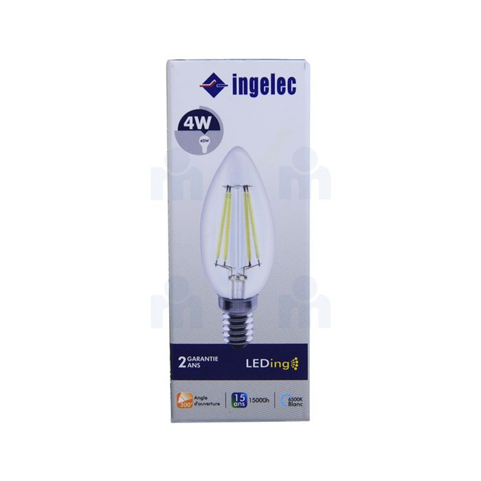 Lampe LED filament bougie 4W E14 220-240V 6500K lumière blanche - INGELEC