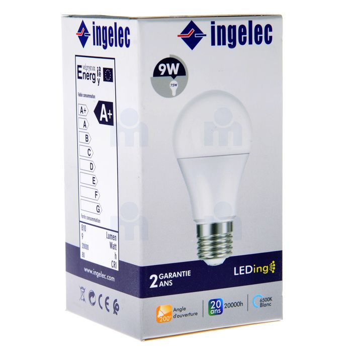 Ampoule LED - INGELEC - A60 - 9W - E27 - 6500K lumière blanche