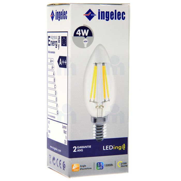 Ampoule LED à filament bougie 4W E14 2700K lumière jaune - INGELEC