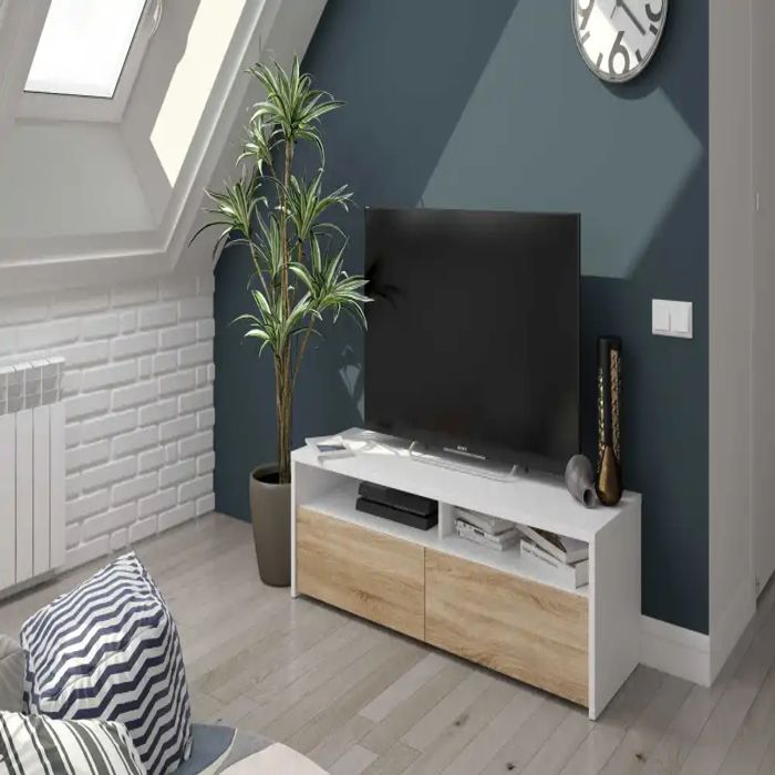 KIOTO Meuble TV avec 2 portes (Blanc et chêne) 130 cm