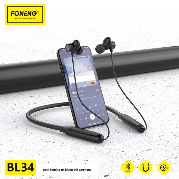 Écouteurs Sport Bluetooth - BL34 - Noir - Autonomie 16h - Coque Métal - Intra-auriculaire