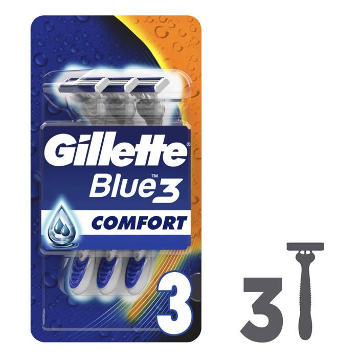 Rasoir jetable - GILLETTE - Blue 3 - 3 unités - 3 lames chromées - Manche antidérapant - Lubrastrip