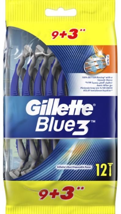 Rasoir jetable - GILLETTE - Blue 3 - 12 unités (9 + 3 gratuites) - 3 lames chromées - Manche antidérapant