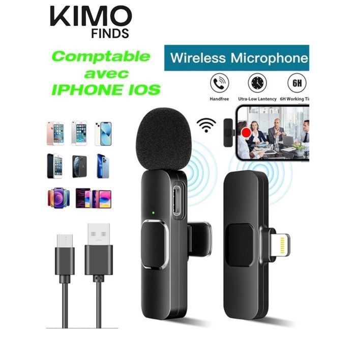 KIMO FINDS -Microphone sans fil 2.4G avec Clip micro Portable pour enregistrement Audio vidéo chat en direct pour téléphone iPhone
