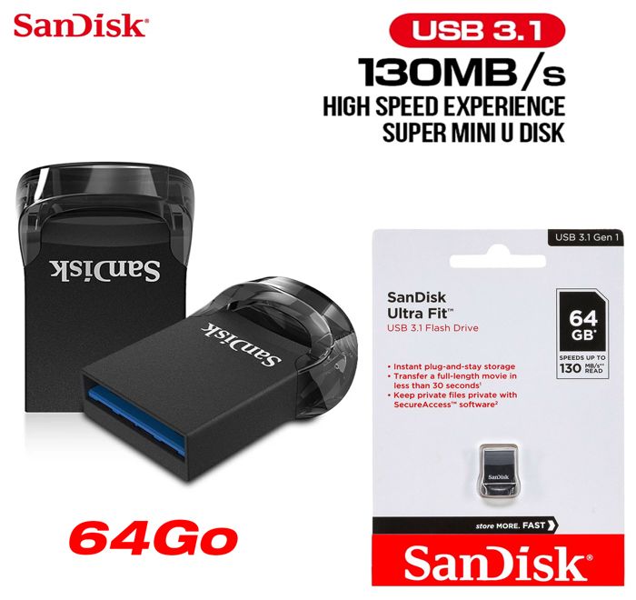 Clé USB - SANDISK - Ultra Fit - 64 Go - Vitesse de transfert 150 Mo/s - Compatible multi-appareils