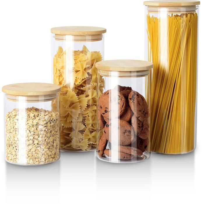 Bocaux de rangement - KIMO FINDS - IH-1080-4B - Set de 4 - Verre et bois de bambou - Contemporain