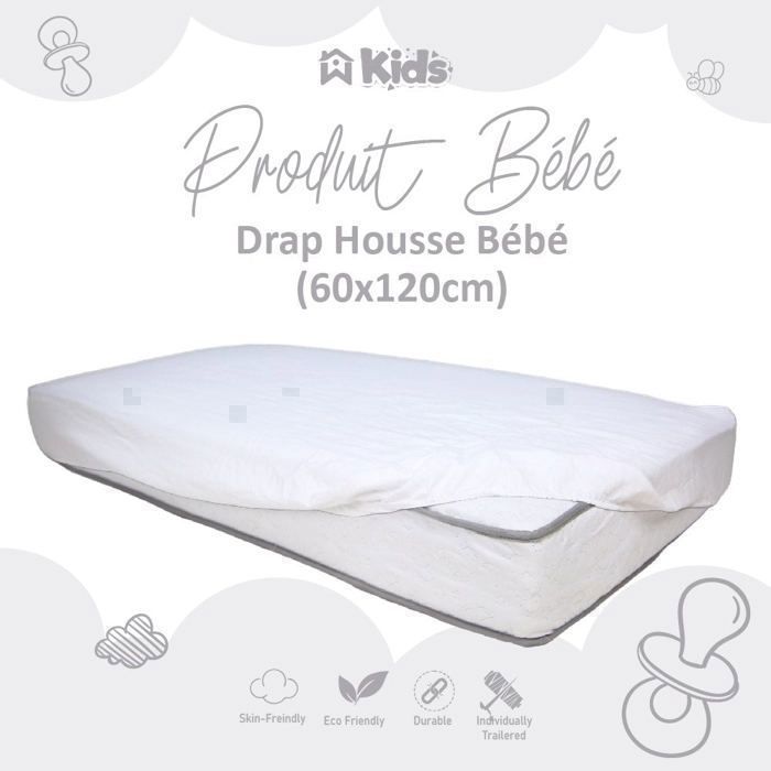 Drap housse - Doux - 60x120 cm - Blanc - Anti-allergique - Microfibre