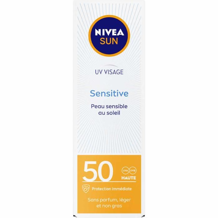 NIVEA SUN, Ecran Solaire UV Visage, Sensitive, SPF 50, 50ml