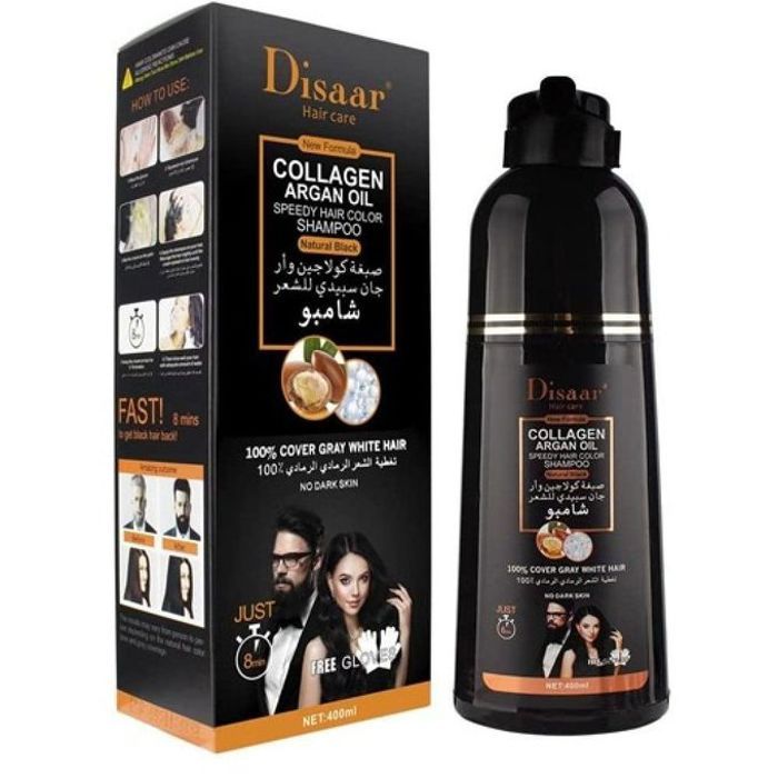 DISAAR Shampooing Colorant Noir au Collagène et à l'huile d'Argan 400 ml