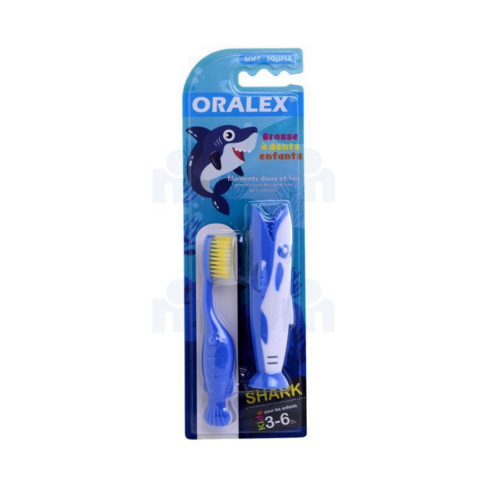 Brosse à dents enfant - ORALEX - Shark - 3-6 ans - Brins souples - Manche ventouse - Colorée