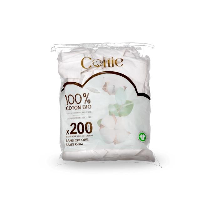 Coton - CENTIFOLIA - Cotties - 100% Bio - Certifié GOTS - Sachet de 200 rectangles 8x10cm