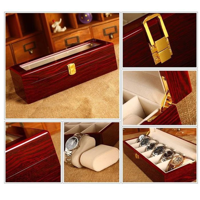 Ecrin - GENERIC - Coffret 6 Montres - Bois Rouge Piano - Haute Qualité - Mixte