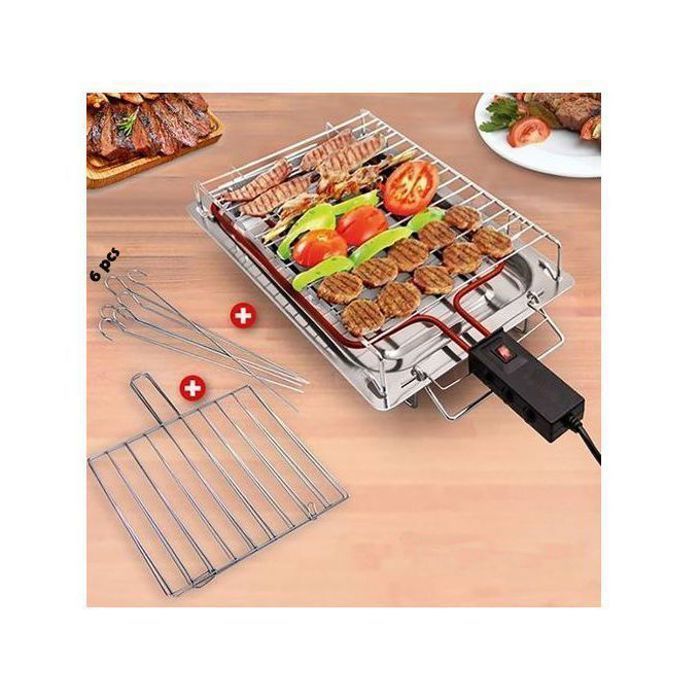 Barbecue électrique - Inoxydable - 2250 W - Grille de cuisson - 6 brochettes en acier inoxydable
