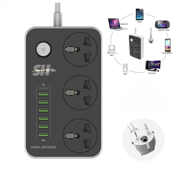 Prise Multiple universelle avec 3 prises CA avec rallonge de prise électrique de commutateur avec 6 USB pour charger le téléphone