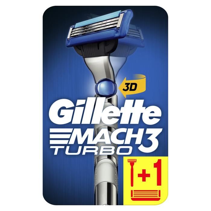 Rasoir Système - GILLETTE - Mach3 Turbo 3D - 2 Recharges - Lames résistantes - Grip en gel