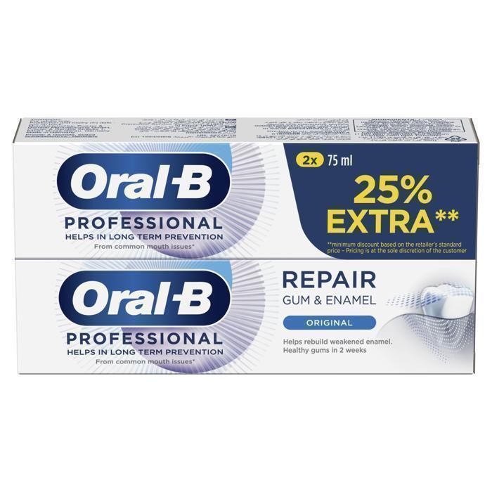 Pack Duo Dentifrice Oral-B - Gum & Enamel Pro-Repair - 75 ml x2 - 25% EXTRA - Sans alcool
