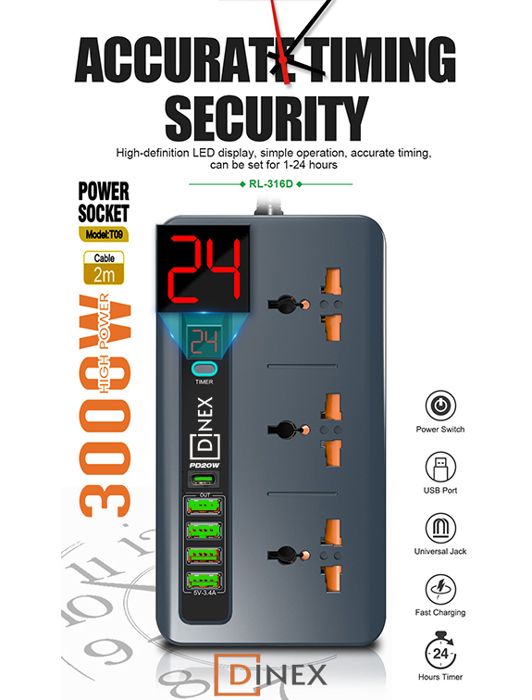 MULTIPRISE Cable 2M et Charge Rapide 3.4A Ménage Intelligent 3000W 3 Prise + 4 USB + 1 Type-C Numérique Minuterie Alimentation