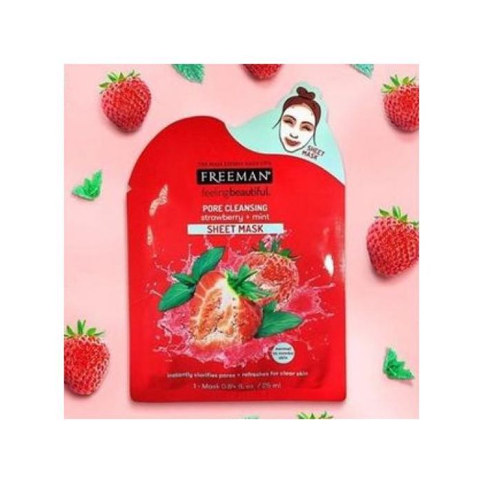 Masque en feuille - FREEMAN - Fraise + Menthe - Vegan - Peaux mixtes - Nettoyage des pores