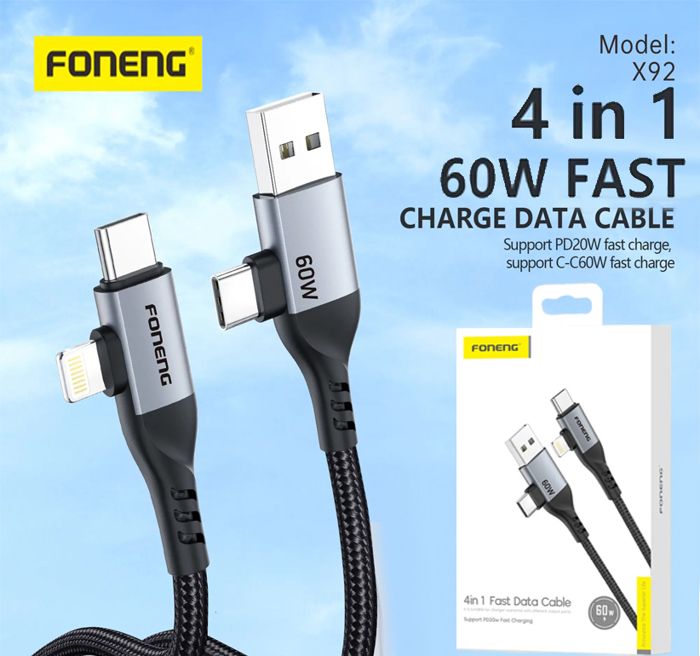 4 EN 1 CABLE Pour TELEPHONE Smartphone iPhone et type C 60W TÊTE MÉTALLIQUE 1M Chargeur USB Charge Rapide Cordon Transfert Données