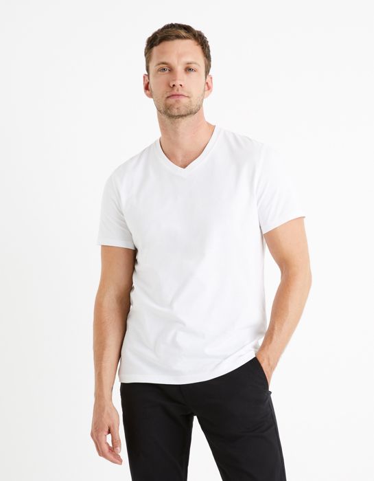 T-shirt col V - CELIO - 100% coton - Blanc optique - Manches courtes - Coupe regular