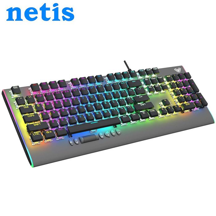 Netis Clavier de Gaming mécanique filaire rétroéclairé molette multimédia pour jeux et PC de bureau, ordinateurs portable