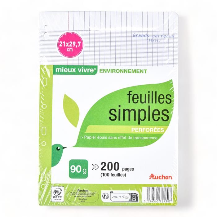 AUCHAN Feuilles Simples 200 Pages 21x29.7cm Grands Carreaux Seyes Blanches Perforées