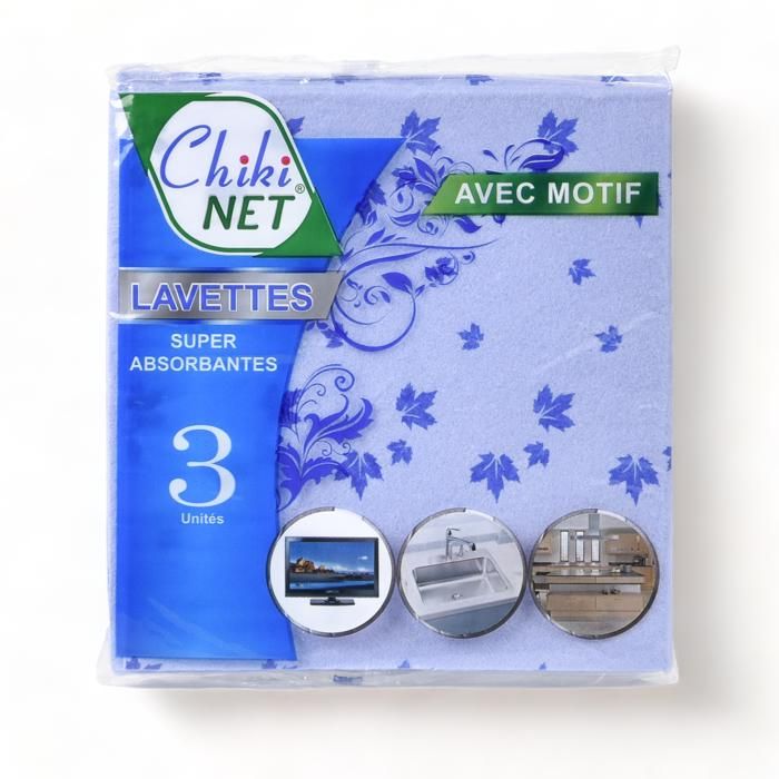 LOT DE 3 LAVETTES DE NETTOYAGE COULEUR IMPRIME