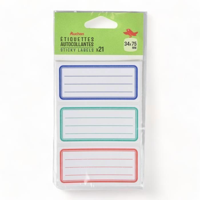 Étiquettes scolaires - Auchan - Lot de 21 - Auto-adhésives - 34x75 mm - Multicolore