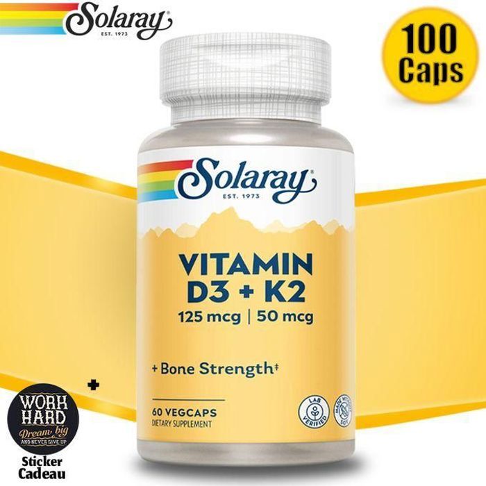 Solaray Vitamin D3 + K2, 60 VegCaps avec sticker