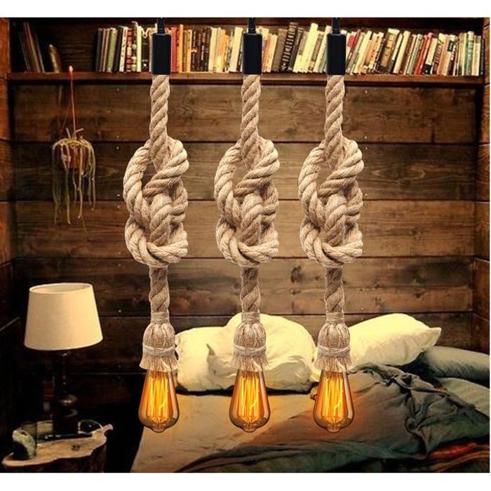 Lot 3 Suspensions Corde en Chanvre Vintage Luminaire de Plafond (Ampoule non incluse)