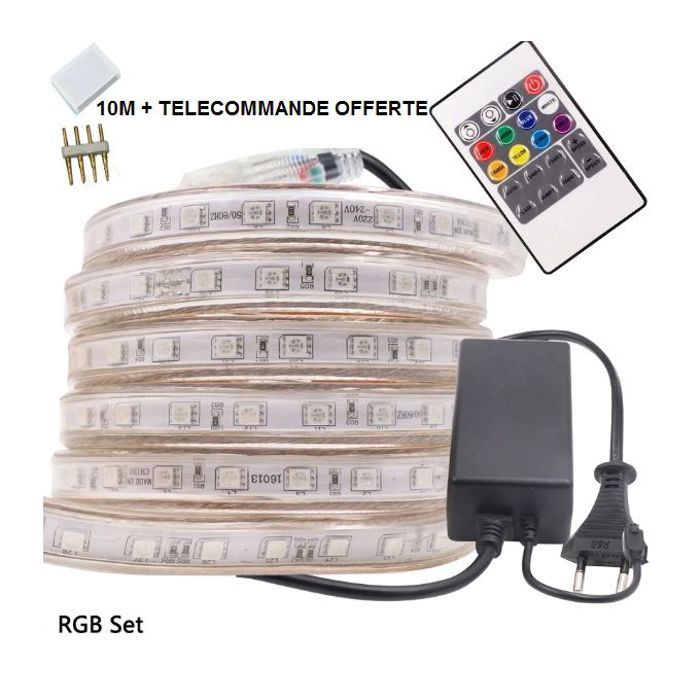 Led Strip (10M) RGB LED Étanche Strip Flexible Light Waterproof 220V Color Change + Télécommande OFFERTE