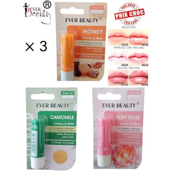 Baumes à lèvres - EVER BEAUTY - Hydratante - Miel, Rose, Camomille - Soin nourrissant - 0,05L