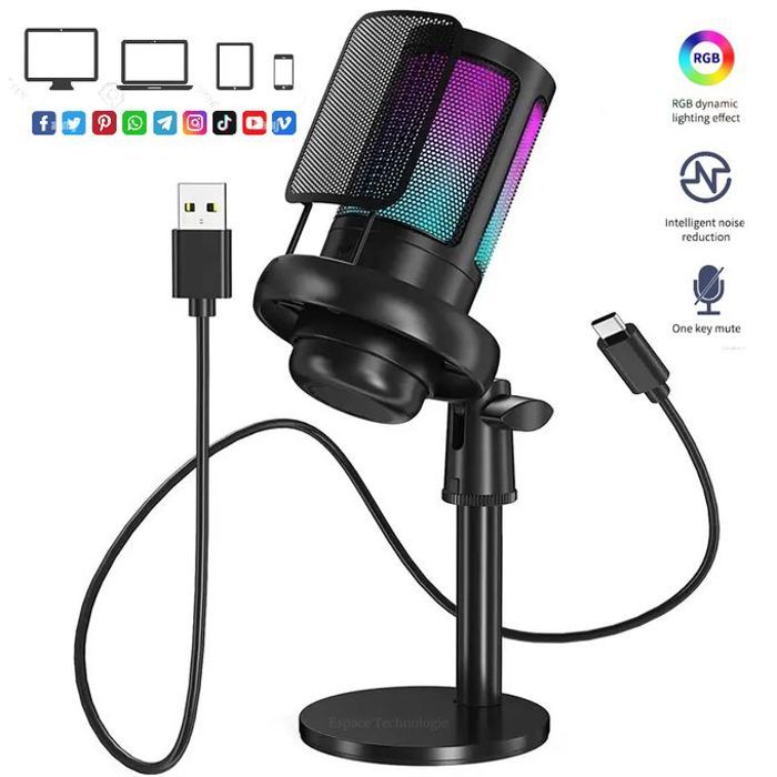 Microphone RGB à condensateur USB Compatible avec Windows/Mac/Android/iOS