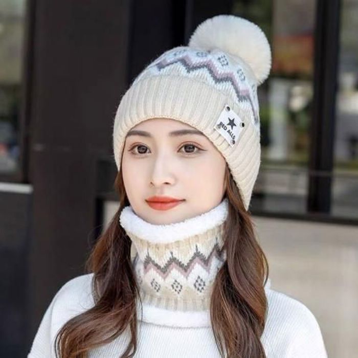 Ensemble Bonnet et écharpe Femme Laine broderie géométrique